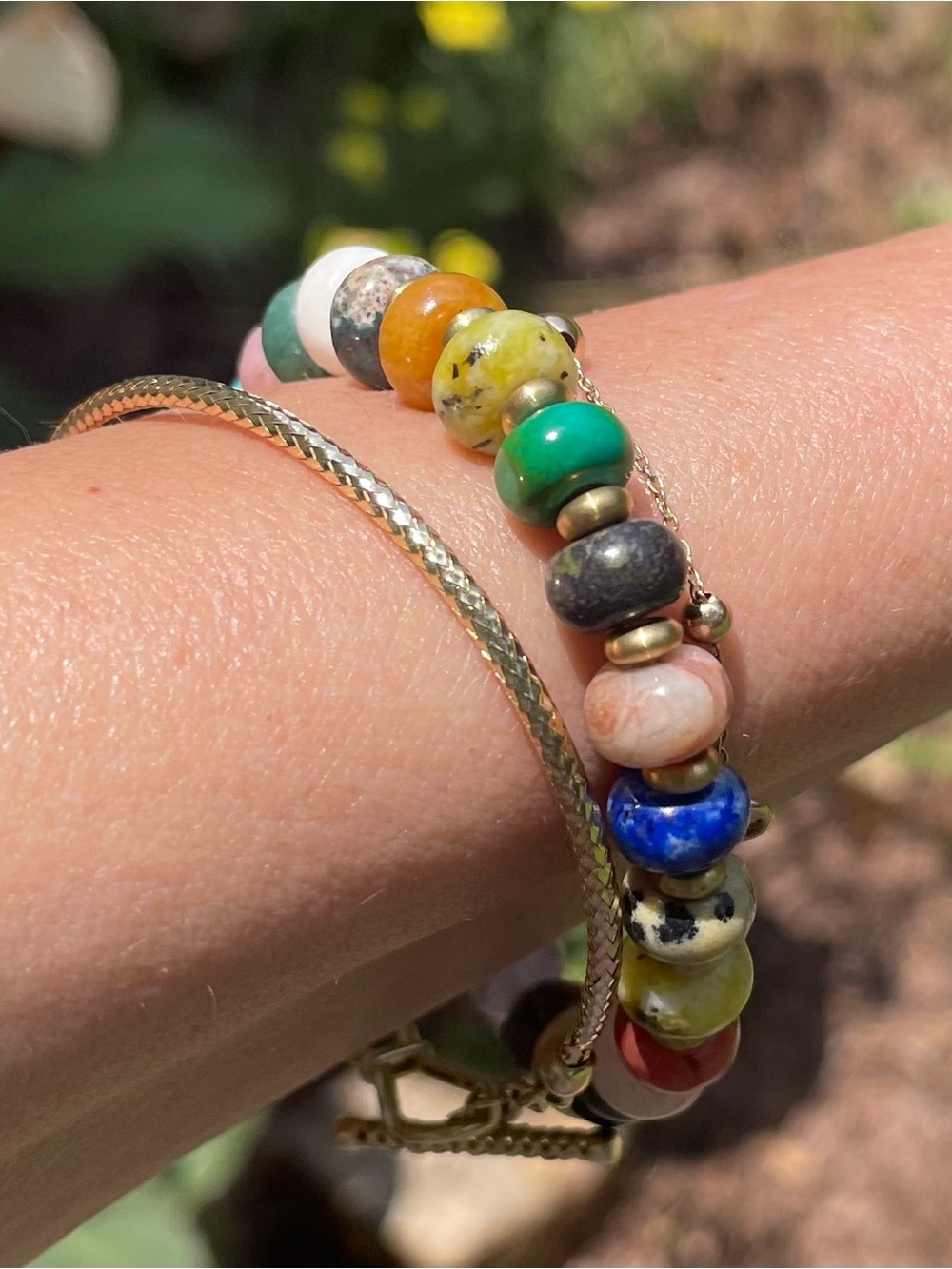 Handmade Multicolor Natural Gemstone Bead Stretch Bracelet w/Gold Accent